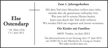 Anzeige von Else Ostgendarp von Münstersche Zeitung und Münsterland Zeitung