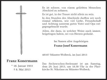 Anzeige von Franz Konermann von Münstersche Zeitung und Grevener Zeitung