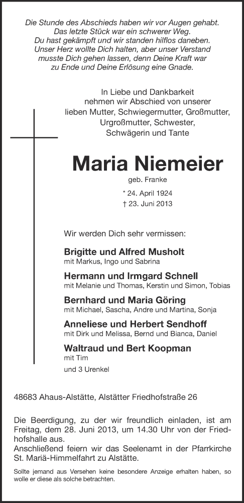  Traueranzeige für Maria Niemeier vom 25.06.2013 aus Münstersche Zeitung und Münsterland Zeitung