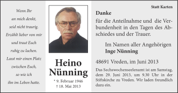 Anzeige von Heino Nünning von Münstersche Zeitung und Münsterland Zeitung