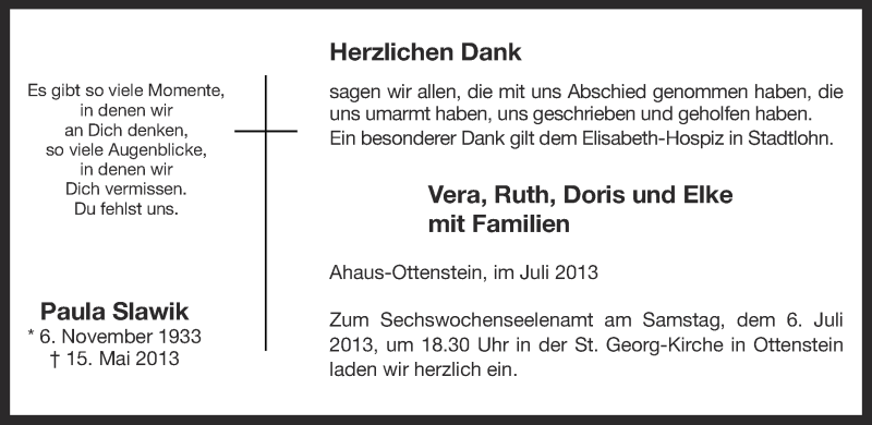  Traueranzeige für Paula Slawik vom 03.07.2013 aus Münstersche Zeitung und Münsterland Zeitung