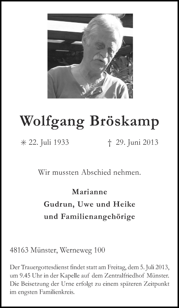  Traueranzeige für Wolfgang Bröskamp vom 03.07.2013 aus Münstersche Zeitung und Grevener Zeitung