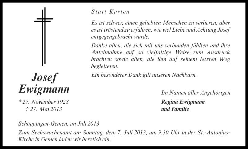  Traueranzeige für Josef Ewigmann vom 03.07.2013 aus Münstersche Zeitung und Münsterland Zeitung