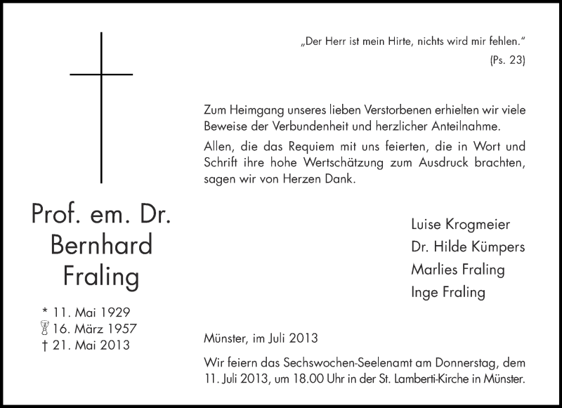  Traueranzeige für Bernhard Fraling vom 08.07.2013 aus Münstersche Zeitung und Grevener Zeitung