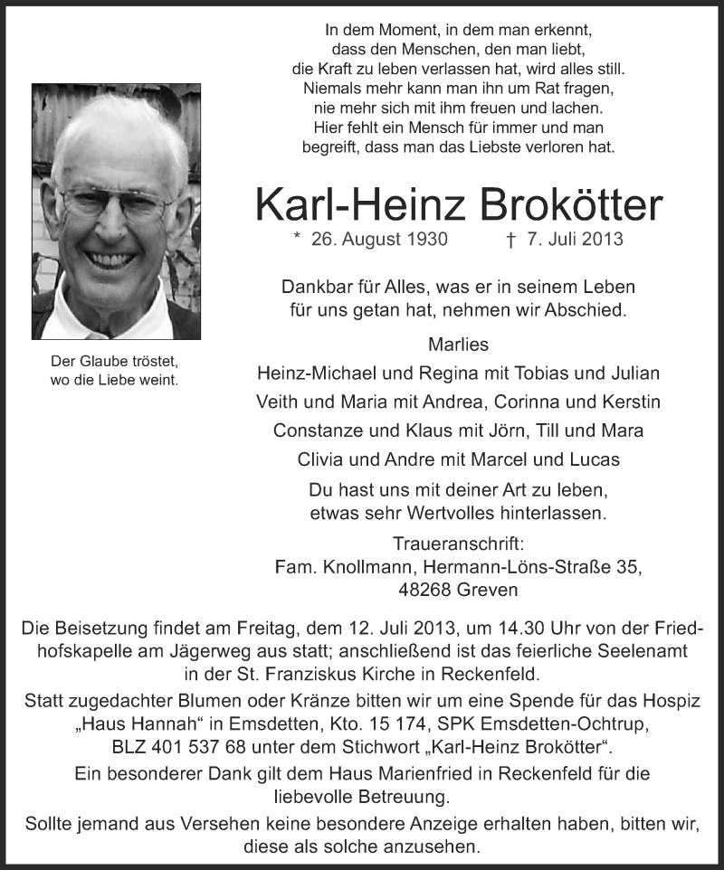  Traueranzeige für Karl-Heinz Brokötter vom 10.07.2013 aus Münstersche Zeitung, Emsdettener Volkszeitung, Grevener Zeitung und Münsterland Zeitung