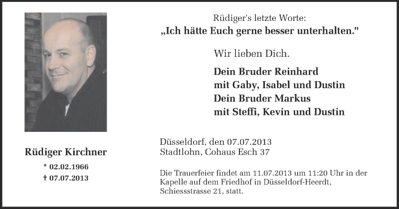  Traueranzeige für Rüdiger Kirchner vom 10.07.2013 aus Münstersche Zeitung und Münsterland Zeitung