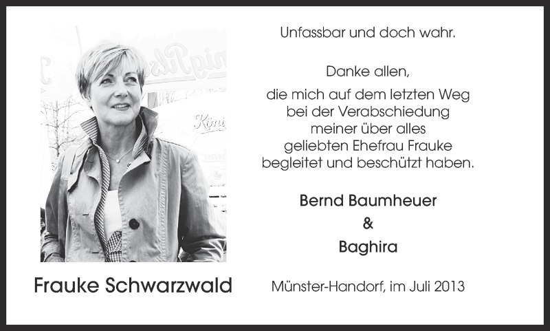  Traueranzeige für Frauke Schwarzwald vom 13.07.2013 aus Münstersche Zeitung und Grevener Zeitung
