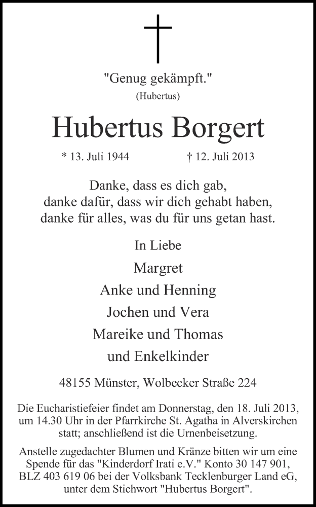  Traueranzeige für Hubertus Borgert vom 15.07.2013 aus Münstersche Zeitung und Grevener Zeitung