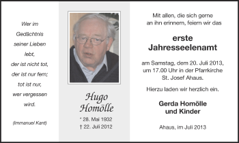 Anzeige von Hugo Homölle von Münstersche Zeitung und Münsterland Zeitung