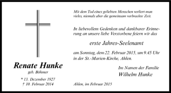 Anzeige von Renate Hunke von Westfälische Nachrichten