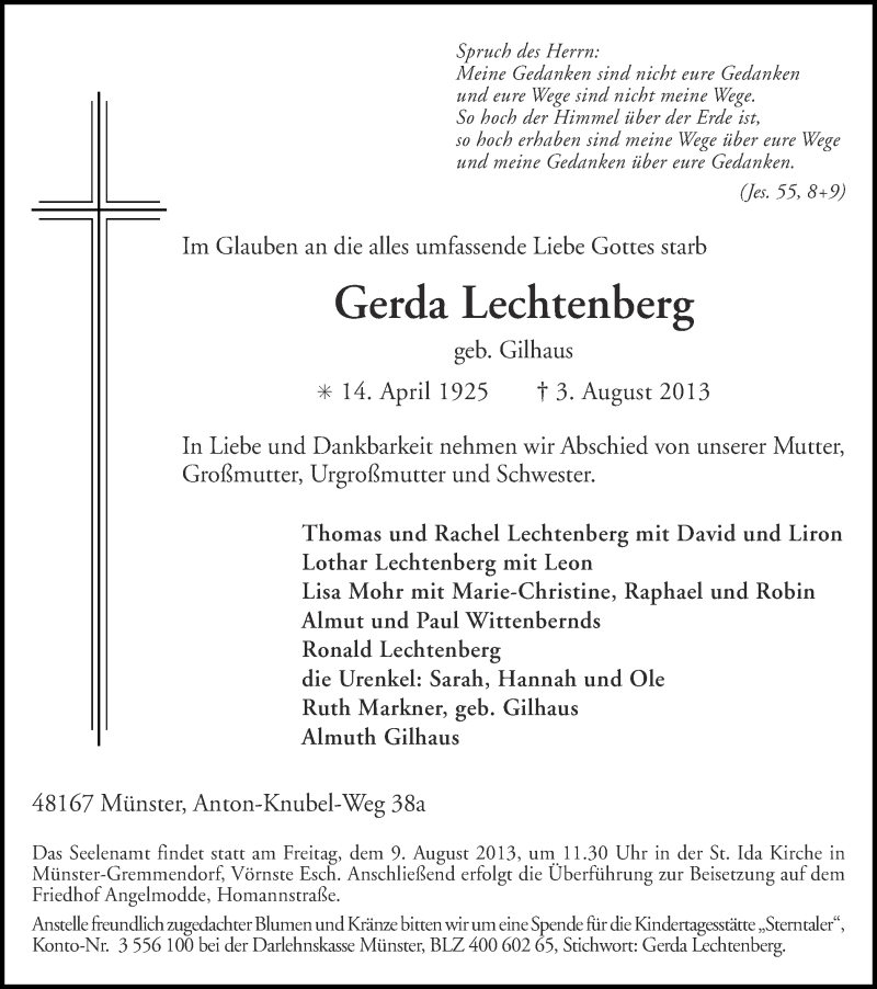  Traueranzeige für Gerda Lechtenberg vom 07.08.2013 aus Münstersche Zeitung und Grevener Zeitung