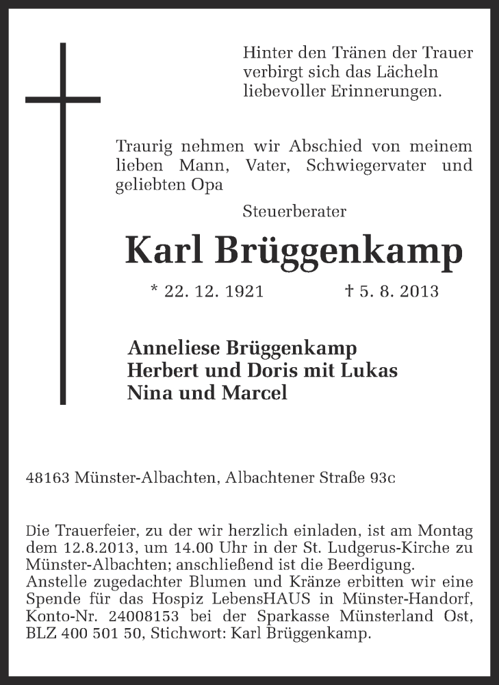  Traueranzeige für Karl Brüggenkamp vom 08.08.2013 aus Münstersche Zeitung und Grevener Zeitung