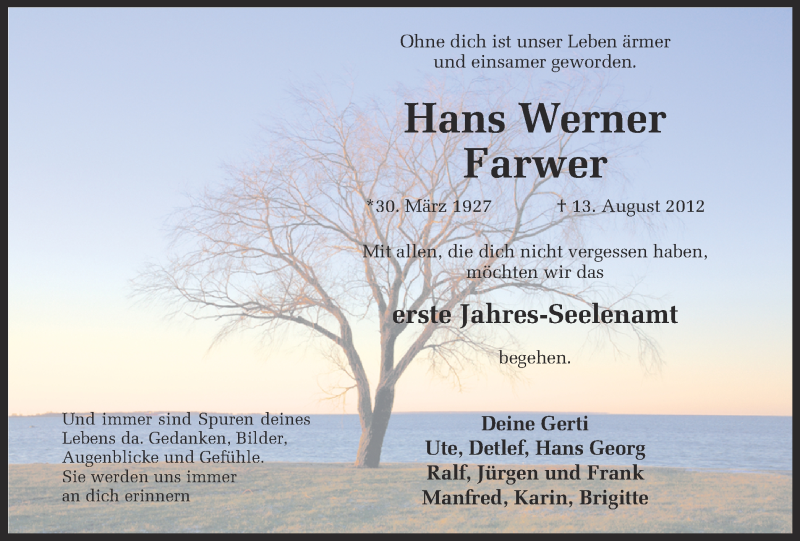  Traueranzeige für Hans Werner Farwer vom 13.08.2013 aus Münstersche Zeitung und Grevener Zeitung