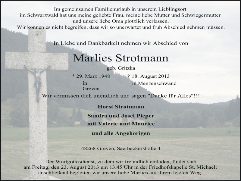  Traueranzeige für Marlies Strotmann vom 21.08.2013 aus Münstersche Zeitung und Grevener Zeitung