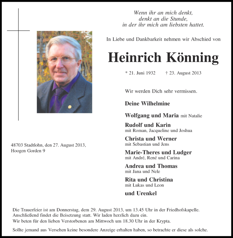  Traueranzeige für Heinrich Könning vom 27.08.2013 aus Münstersche Zeitung und Münsterland Zeitung