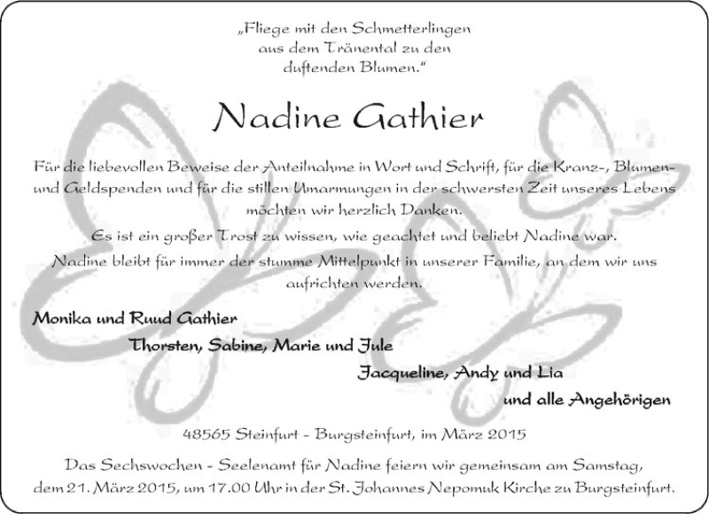  Traueranzeige für Nadine Gathier vom 14.03.2015 aus Westfälische Nachrichten