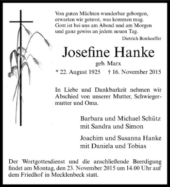 Anzeige von Josefine Hanke von Westfälische Nachrichten