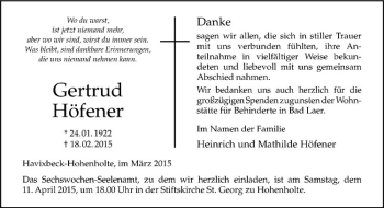 Anzeige von Gertrud Höfener von Westfälische Nachrichten
