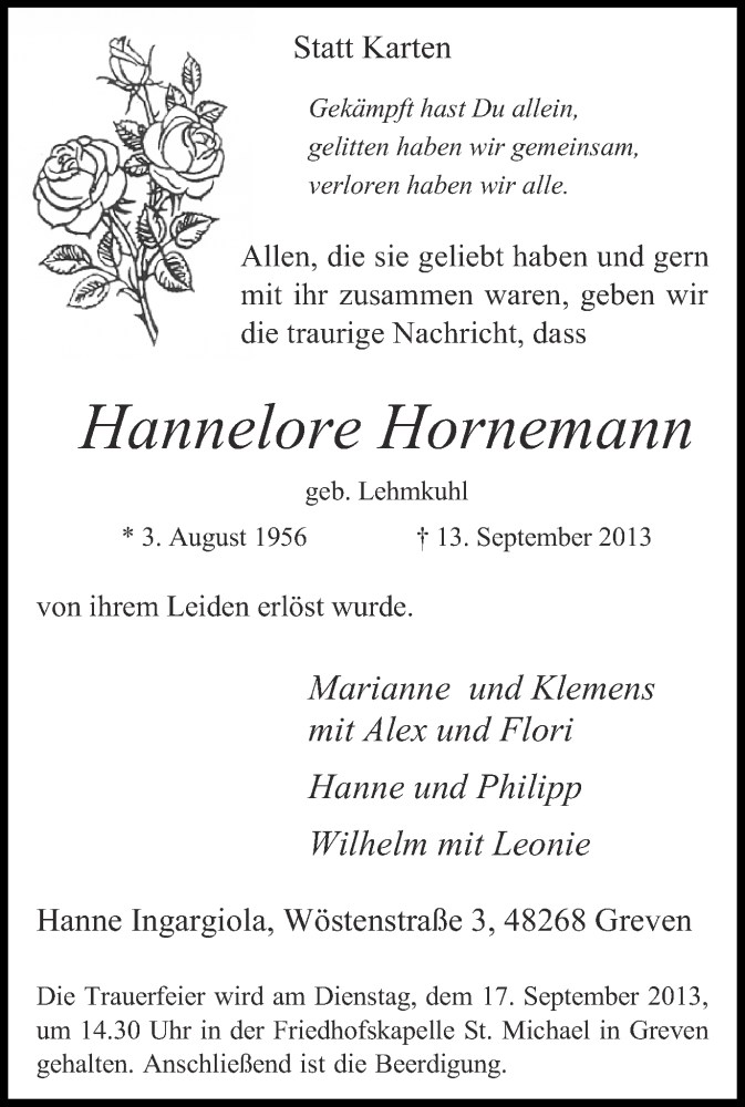  Traueranzeige für Hannelore Hornemann vom 16.09.2013 aus Münstersche Zeitung und Grevener Zeitung