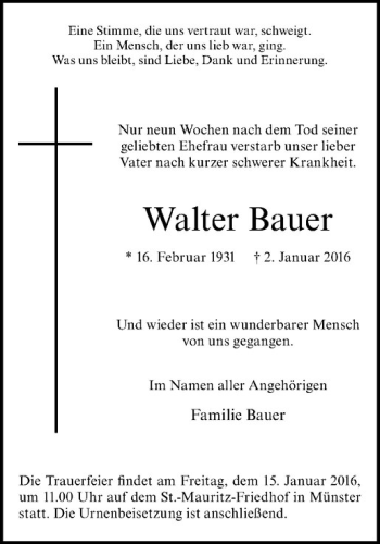 Anzeige von Walter Bauer von Westfälische Nachrichten