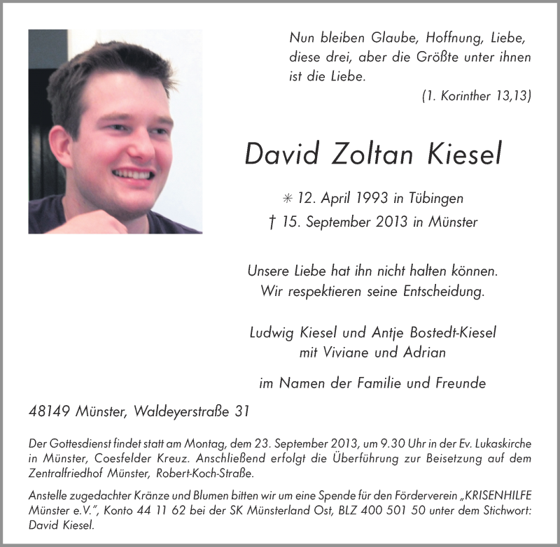  Traueranzeige für David Zoltan Kiesel vom 19.09.2013 aus Münstersche Zeitung und Grevener Zeitung