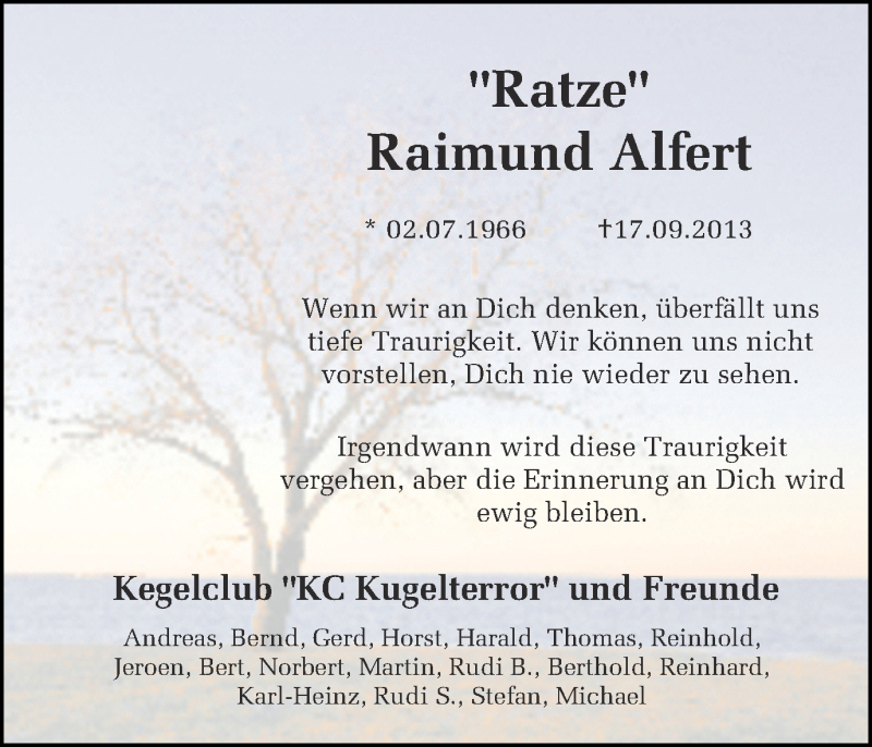  Traueranzeige für Raimund Alfert vom 20.09.2013 aus Münstersche Zeitung und Münsterland Zeitung