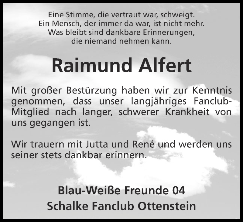  Traueranzeige für Raimund Alfert vom 20.09.2013 aus Münstersche Zeitung und Münsterland Zeitung