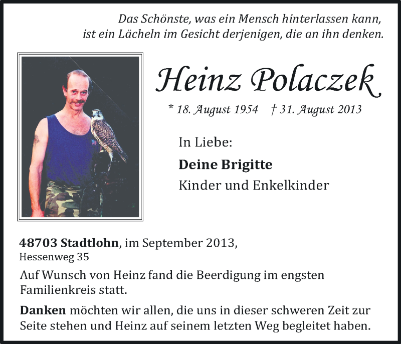  Traueranzeige für Heinz Polaczek vom 21.09.2013 aus Münstersche Zeitung und Münsterland Zeitung
