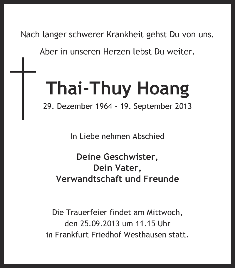  Traueranzeige für Thai-Thuy Hoang vom 24.09.2013 aus Münstersche Zeitung und Grevener Zeitung