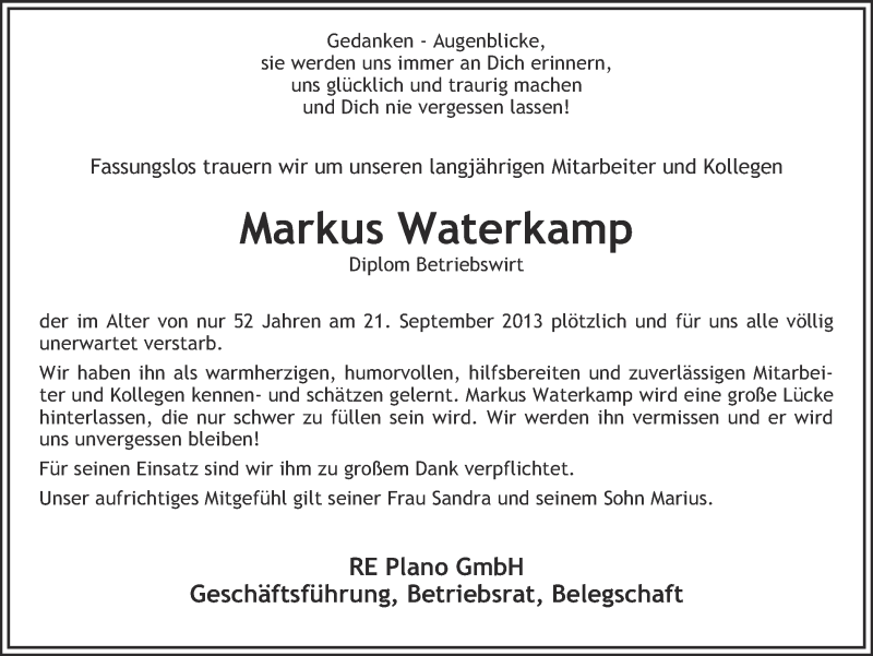  Traueranzeige für Markus Waterkamp vom 25.09.2013 aus Ruhr Nachrichten