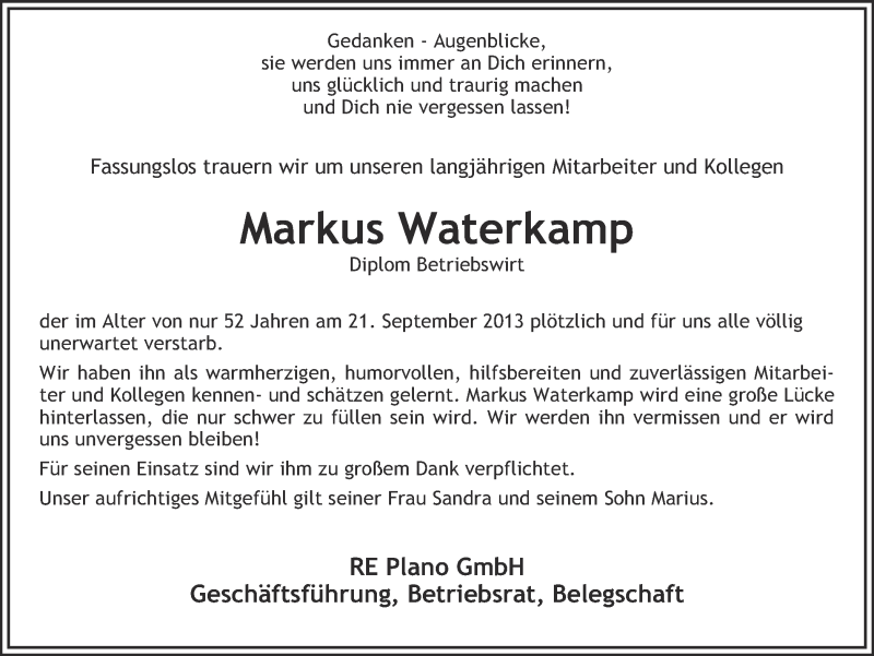  Traueranzeige für Markus Waterkamp vom 25.09.2013 aus Münstersche Zeitung und Grevener Zeitung