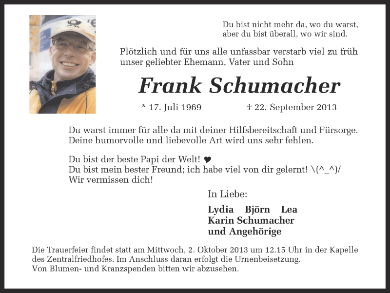  Traueranzeige für Frank Schumacher vom 28.09.2013 aus Münstersche Zeitung und Grevener Zeitung