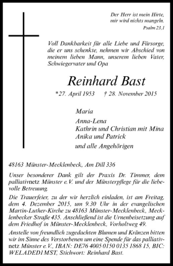 Anzeige von Reinhard Bast von Westfälische Nachrichten