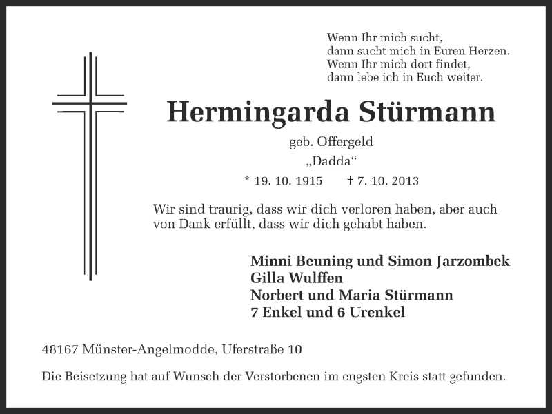  Traueranzeige für Hermingarda Stürmann vom 15.10.2013 aus Münstersche Zeitung und Grevener Zeitung