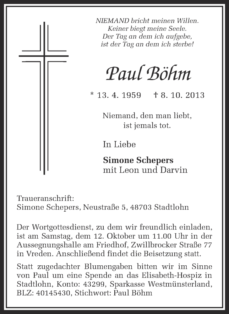  Traueranzeige für Paul Böhm vom 10.10.2013 aus Münstersche Zeitung und Münsterland Zeitung