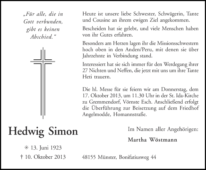  Traueranzeige für Hedwig Simon vom 15.10.2013 aus Münstersche Zeitung und Grevener Zeitung
