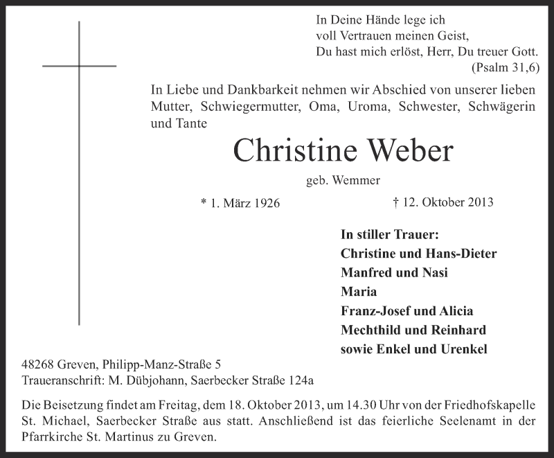  Traueranzeige für Christine Weber vom 16.10.2013 aus Münstersche Zeitung und Grevener Zeitung