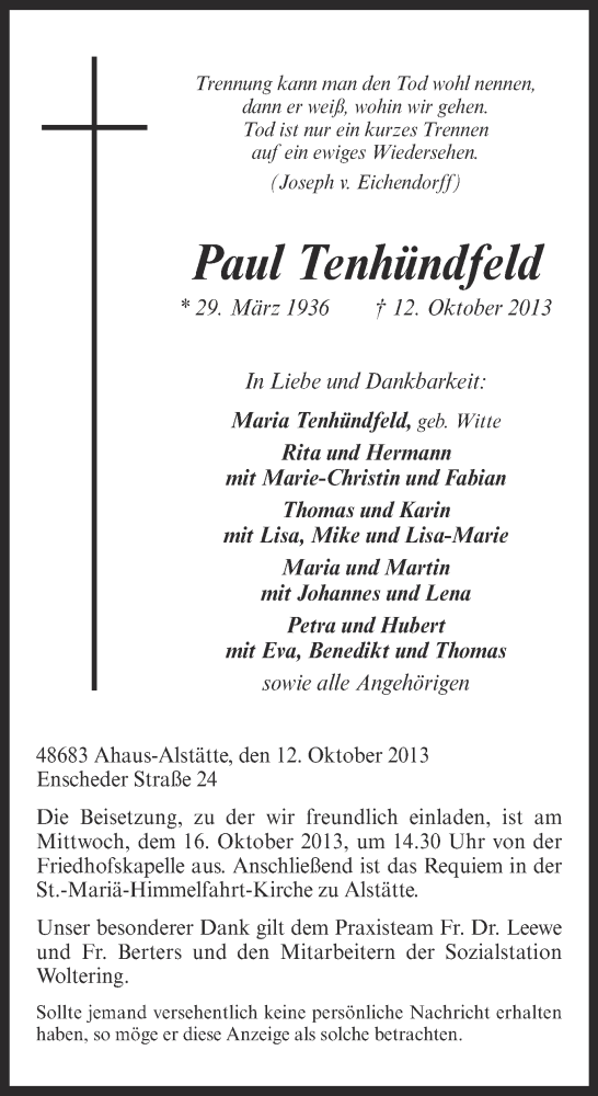  Traueranzeige für Paul Tenhündfeld vom 15.10.2013 aus Münstersche Zeitung und Münsterland Zeitung