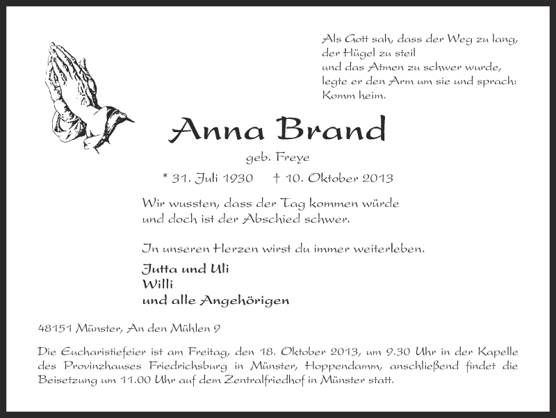  Traueranzeige für Anna Brand vom 16.10.2013 aus Münstersche Zeitung und Grevener Zeitung