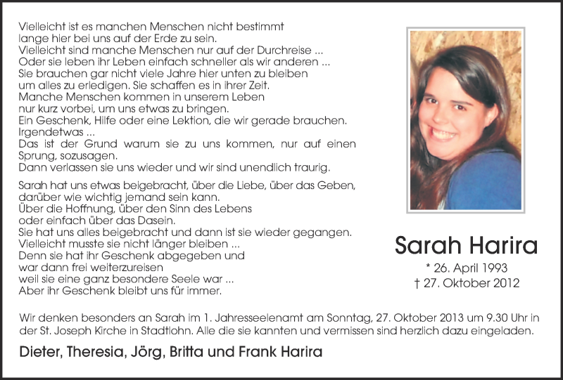  Traueranzeige für Sarah Harira vom 23.10.2013 aus Münstersche Zeitung und Münsterland Zeitung