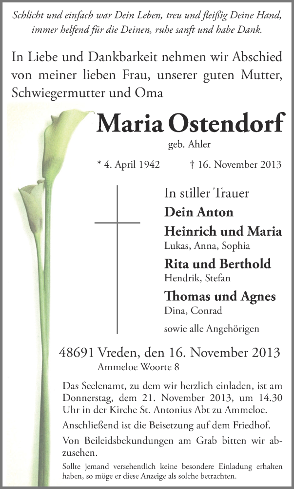  Traueranzeige für Maria Ostendorf vom 19.11.2013 aus Münstersche Zeitung und Münsterland Zeitung