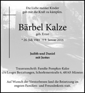 Anzeige von Bärbel Kalze von Westfälische Nachrichten