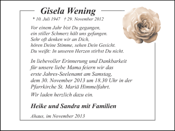 Anzeige von Gisela Wening von Münstersche Zeitung und Münsterland Zeitung