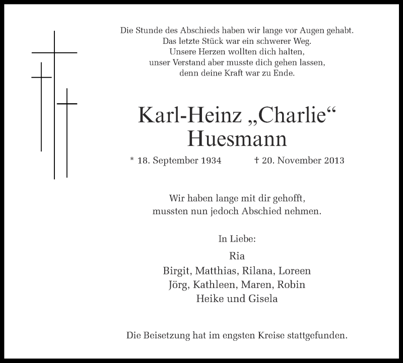  Traueranzeige für Karl-Heinz Huesmann vom 07.12.2013 aus Münstersche Zeitung und Grevener Zeitung