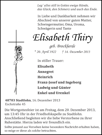 Anzeige von Elisabeth Thiry von Münstersche Zeitung und Münsterland Zeitung