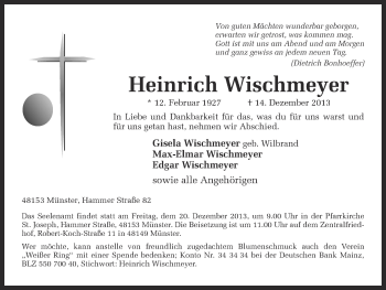 Anzeige von Heinrich Wischmeyer von Münstersche Zeitung und Grevener Zeitung