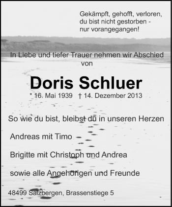 Anzeige von Doris Schluer von Münstersche Zeitung und Grevener Zeitung