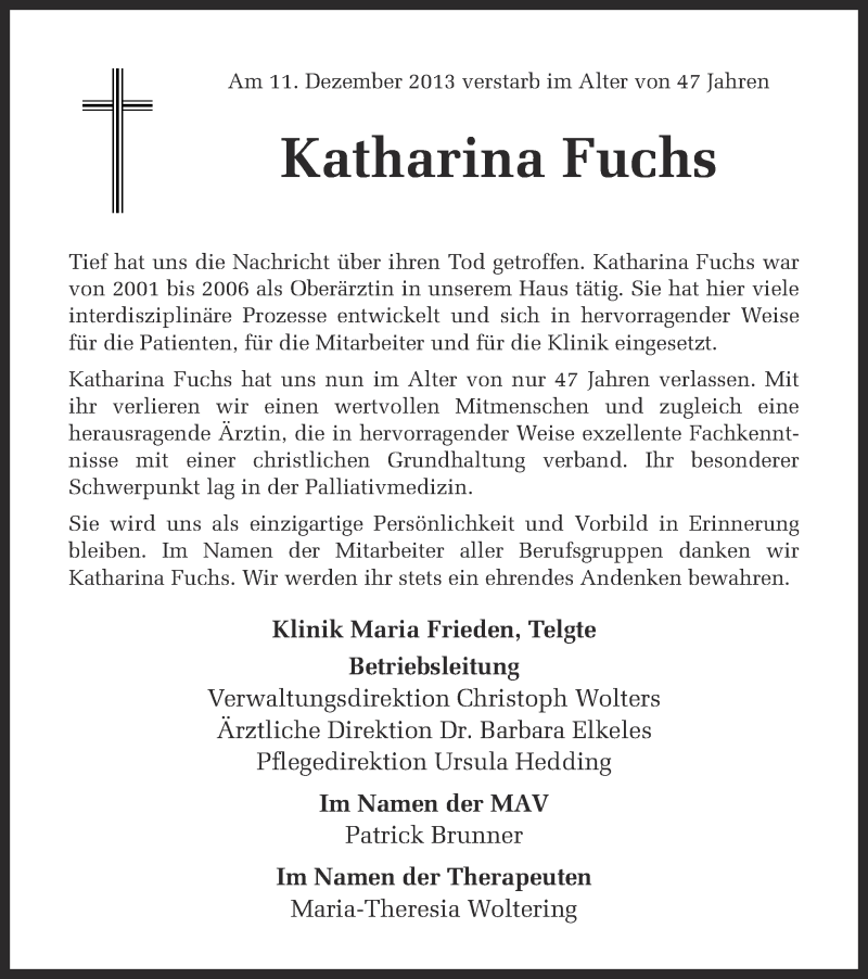  Traueranzeige für Katharina Fuchs vom 21.12.2013 aus Münstersche Zeitung und Grevener Zeitung