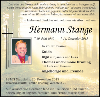 Anzeige von Hermann Stange von Münstersche Zeitung und Münsterland Zeitung