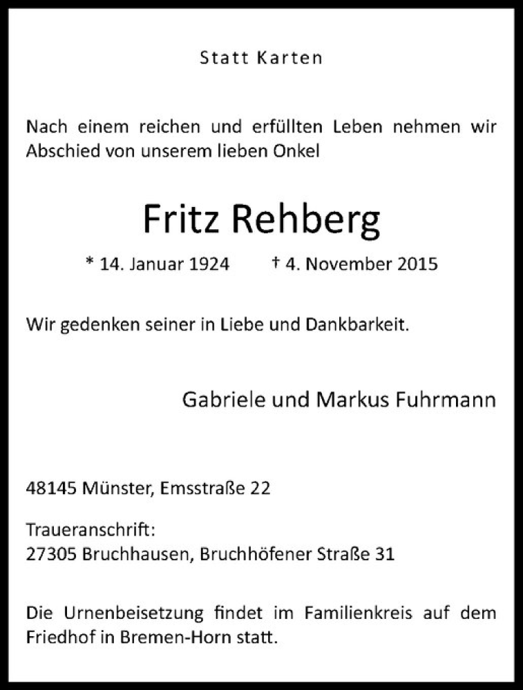  Traueranzeige für Fritz Rehberg vom 11.11.2015 aus Westfälische Nachrichten